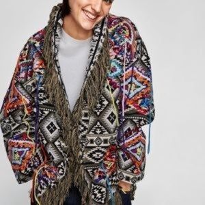 Zara ethnic embroidered fringed jacket